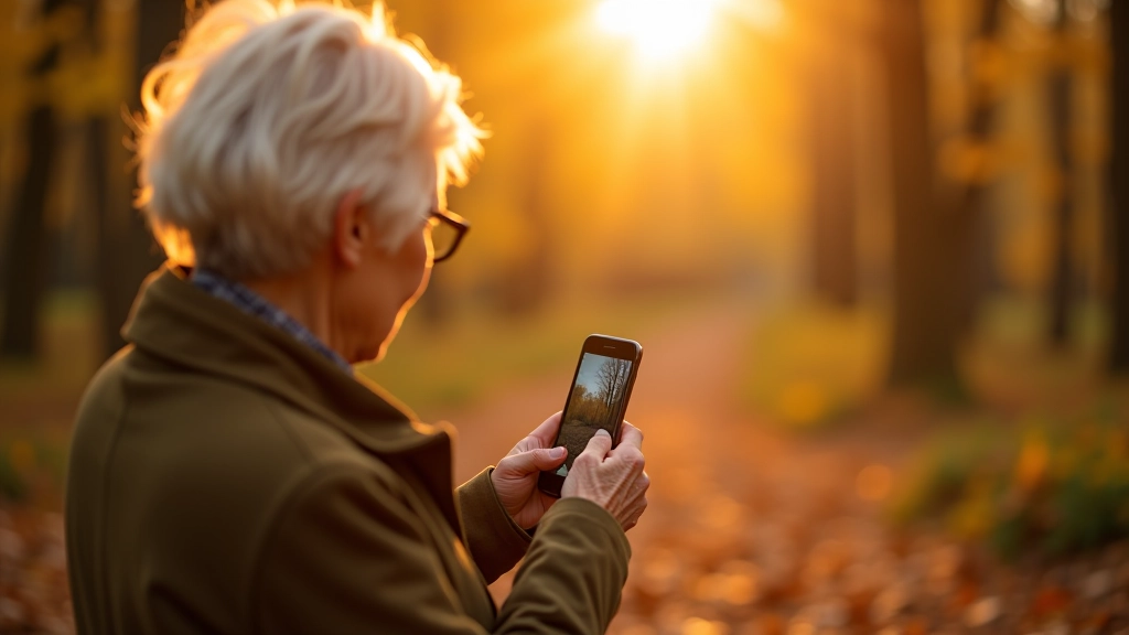 Pensininkė fotografuoja gamtą išmaniuoju telefonu kalvose