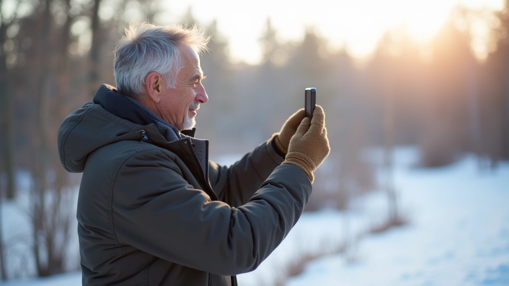 Fotografo stovintis su telefonu ir skirtas žieminiam peizažui, ošimas šaltas oras, natūrali šviesa nuo saulės